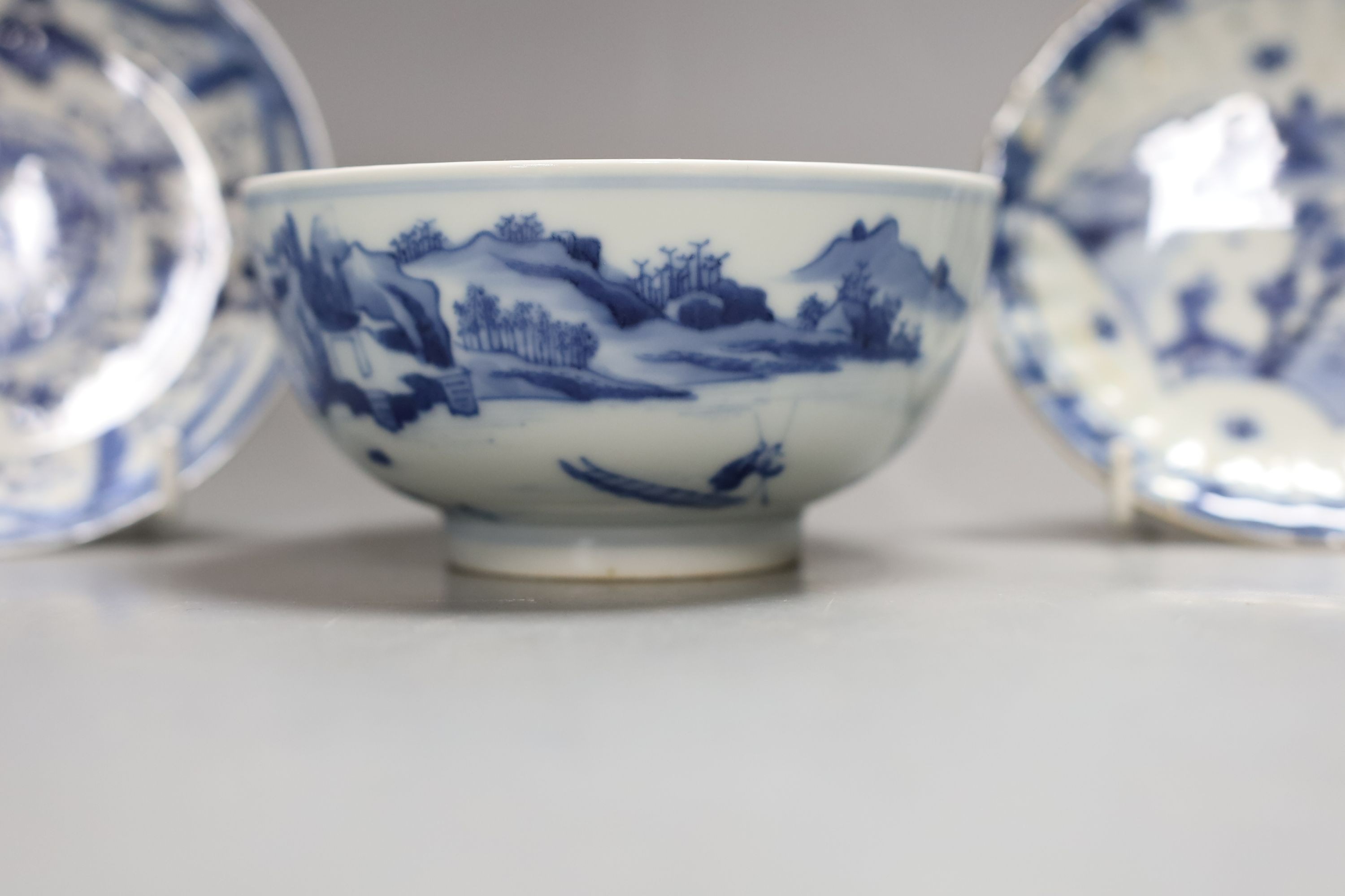 Two small Chinese blue and white dishes and similar bowl
